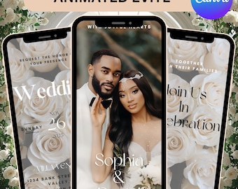 Animated Wedding Invitation Video, Elegant White Rose Digital Invite, Modern Neutral Wedding eInvite, Mobile RSVP, Canva Editable