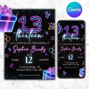 Neon Birthday Invitation, Glow Birthday Invitation, 13th Birthday Invitation, Neon Glow Invitation, Crazy Glow Birthday, Canva Editable