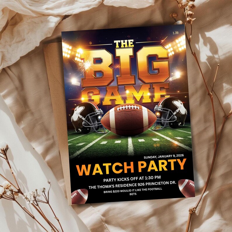 Big Game Football Party Invitation Template,  Editable Watch Party Invite, Printable Digital Download, Canva Editable Template