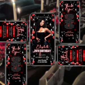 Digital Birthday Dinner invitation, Black/Red Birthday Dinner, Digital Birthday Party Invite, Birthday Party evite, Canva Editable Template