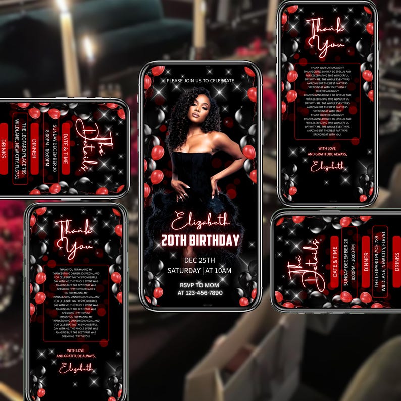 Digital Birthday Dinner invitation, Black/Red Birthday Dinner, Digital Birthday Party Invite, Birthday Party evite, Canva Editable Template