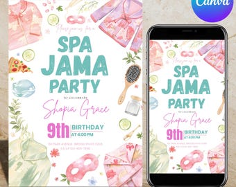 Spa Jama Birthday Invitation, Girls Spa Birthday, Spa Party Invitation, Glam Birthday Party, Phone Invite, Canva Editable Template