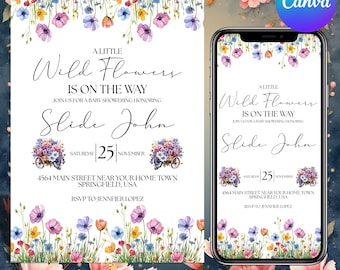 Baby Shower Invitation, Baby in Bloom, Baby Shower Invite, Spring Flowers Baby Shower Invite, A Little Wildflower Invite, Canva Editable