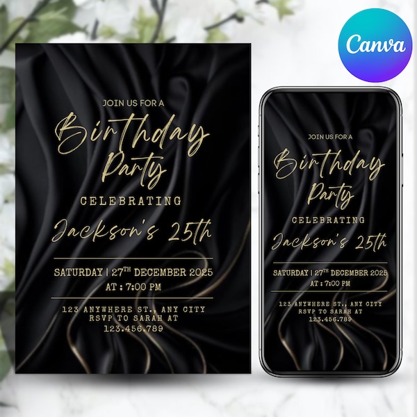 ブラック＆ゴールドの誕生日招待状、彼の30歳の誕生日招待状、モダンなブラックの誕生日招待状、デジタルパーティー招待状、Canva編集可能テンプレート