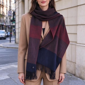 May include: A long, rectangular scarf featuring a colour-blocked design in shades of deep burgundy, dark red, and navy blue. The scarf has a soft, woven texture and is finished with fringe detailing along the bottom edges, draped over a tan blazer.