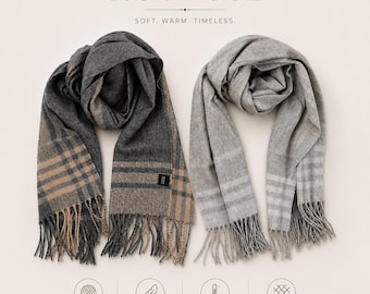 100% Wool Tartan Plaid Scarf, Hand-Rolled Fringe, Neutral Muffler (175cm x 30cm)