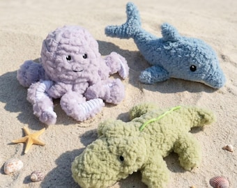 3-Piece Squeaky Plush Dog Toys, Dolphin, Octopus, Alligator Set