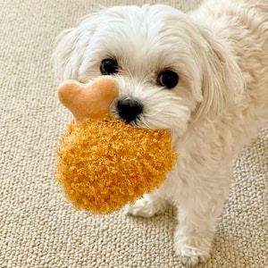 May include: A small, white dog with dark eyes and a black nose holds a plush toy shaped like a fried chicken leg. The toy is orange and has a textured, fluffy appearance. The dog is standing on a beige carpet.