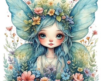May include: A watercolor illustration of a fairy with blue hair, large blue eyes, and delicate wings. She is surrounded by colorful flowers and greenery, wearing a floral crown. The artwork has a soft, whimsical feel.