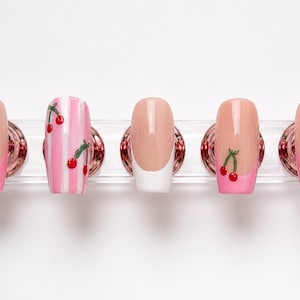 Handmade Cherry French Tip Press On Nails | Pink Summer Coquette Nails