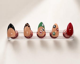 Pool Hall Press-On Nails | Hand-Painted Billiards Nail Set | Black, Red & Green French Tips | Reusable Fake Nails