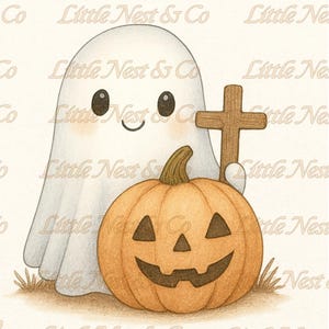 May include: A whimsical illustration features a friendly ghost, a carved orange pumpkin, and a wooden cross. The ghost is white with black eyes and a smiling face. The pumpkin has a carved jack-o'-lantern face. The artwork has a soft, sketched style.