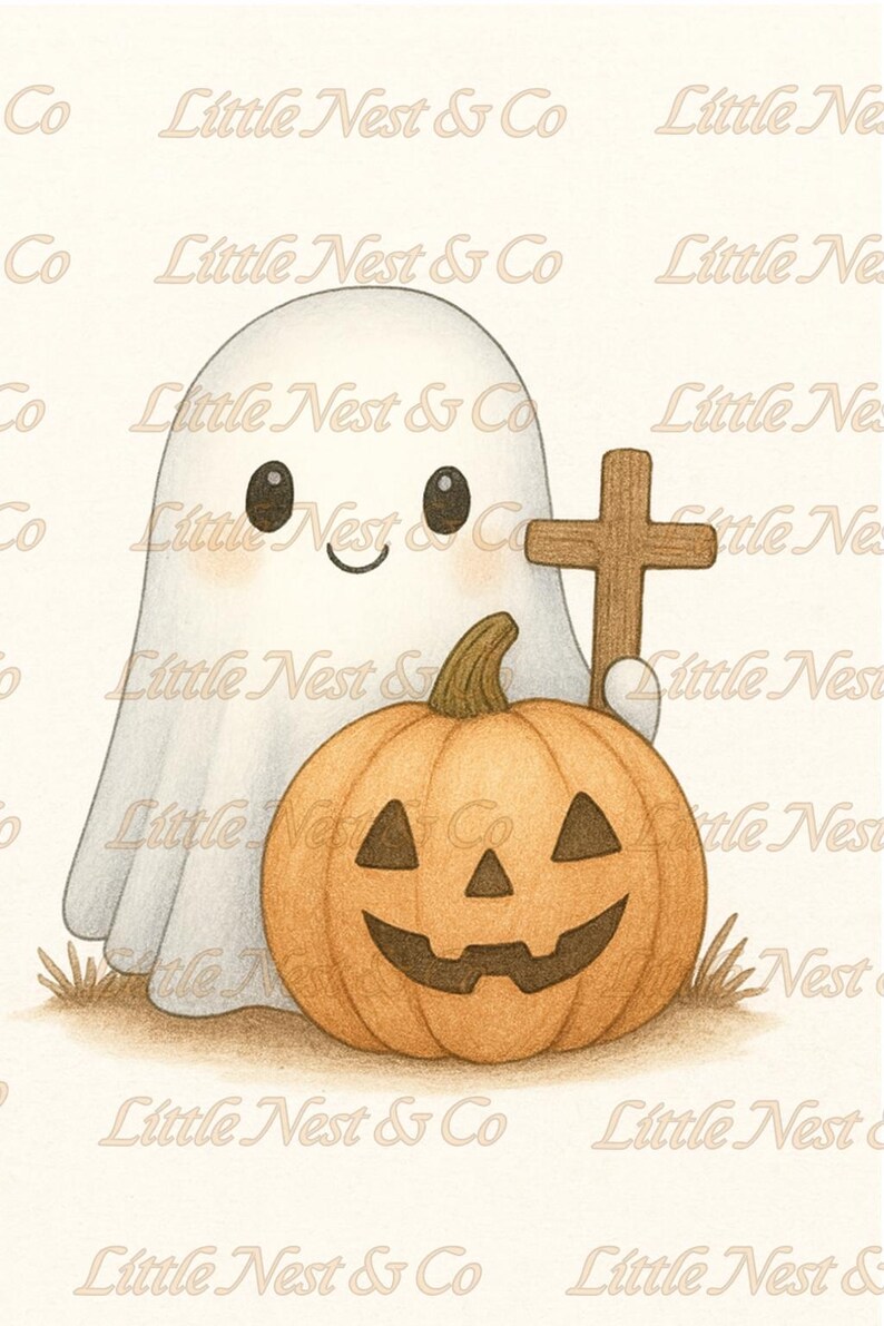 May include: A whimsical illustration features a friendly ghost, a carved orange pumpkin, and a wooden cross. The ghost is white with black eyes and a smiling face. The pumpkin has a carved jack-o'-lantern face. The artwork has a soft, sketched style.