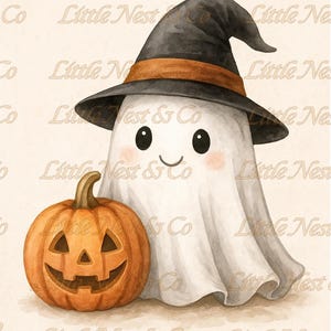 May include: Watercolor illustration of a friendly ghost wearing a black witch hat with an orange band, and a carved pumpkin. The ghost has rosy cheeks and a smiling face. The pumpkin is orange with a carved face.