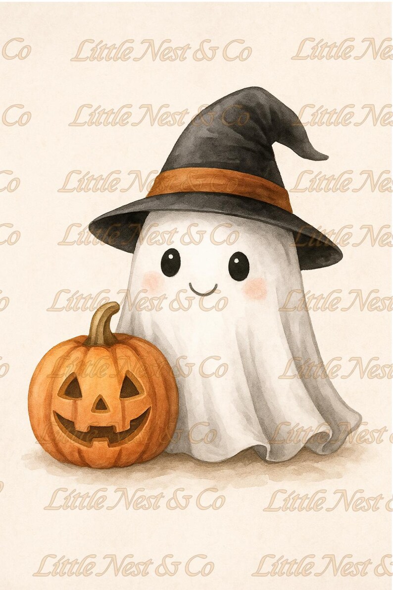May include: Watercolor illustration of a friendly ghost wearing a black witch hat with an orange band, and a carved pumpkin. The ghost has rosy cheeks and a smiling face. The pumpkin is orange with a carved face.