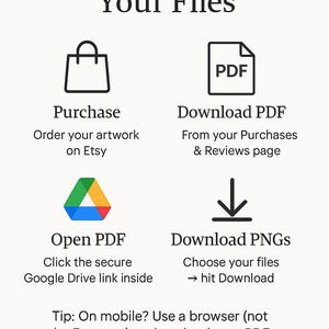 May include: A white graphic with the text "How to Download Your Files" and instructions for purchasing, downloading PDFs and PNGs. Includes icons for a shopping bag, PDF document, and a downward arrow. The text also includes a tip for mobile users.