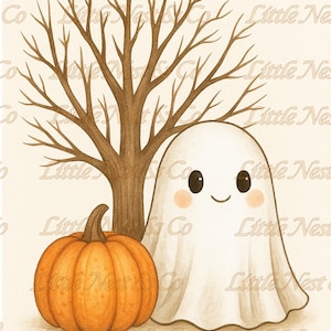 May include: A whimsical illustration featuring a smiling ghost, a pumpkin, and a bare tree. The ghost is draped in a white sheet with rosy cheeks. The orange pumpkin sits at the base of the tree, evoking a Halloween theme.