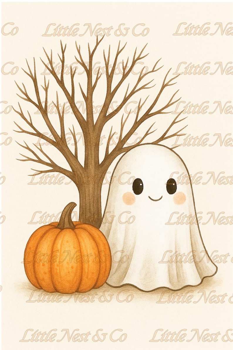May include: A whimsical illustration featuring a smiling ghost, a pumpkin, and a bare tree. The ghost is draped in a white sheet with rosy cheeks. The orange pumpkin sits at the base of the tree, evoking a Halloween theme.