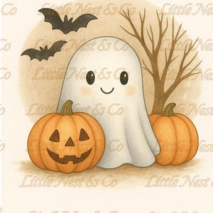 May include: Watercolor illustration featuring a friendly ghost with rosy cheeks, flanked by two orange pumpkins and silhouetted bats. A bare tree and a soft, beige background complete the Halloween theme.