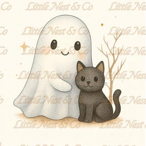 May include: A whimsical illustration featuring a friendly ghost and a black cat. The ghost is white with a smiling face, and the cat is sitting. A bare tree and gold stars add to the Halloween theme. The text "Little Nest & Co" is repeated.
