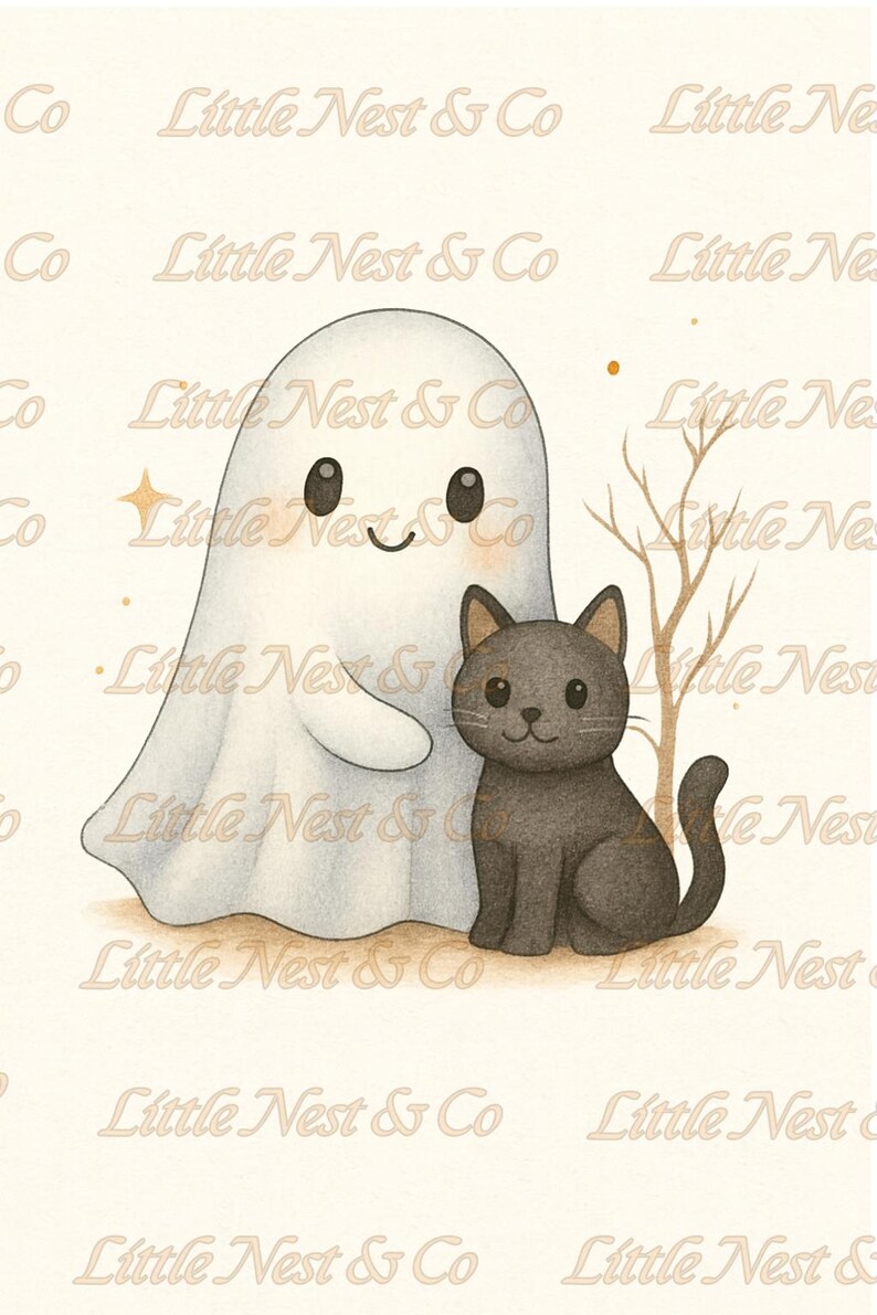 May include: A whimsical illustration featuring a friendly ghost and a black cat. The ghost is white with a smiling face, and the cat is sitting. A bare tree and gold stars add to the Halloween theme. The text "Little Nest & Co" is repeated.