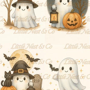 May include: Watercolor illustrations of cute ghosts with Halloween themes. One ghost wears a witch hat, another holds a lantern, and others are near pumpkins, bats, and a tombstone. The overall color palette is soft and warm.