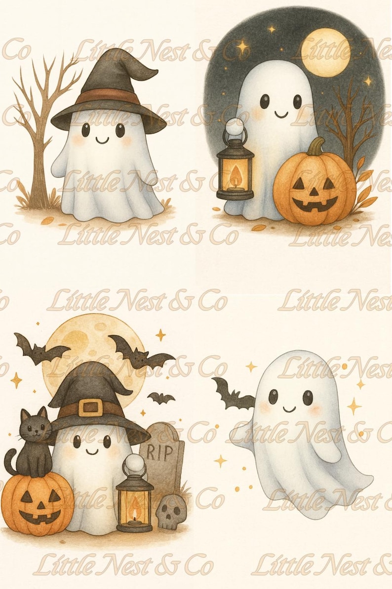 May include: Watercolor illustrations of cute ghosts with Halloween themes. One ghost wears a witch hat, another holds a lantern, and others are near pumpkins, bats, and a tombstone. The overall color palette is soft and warm.