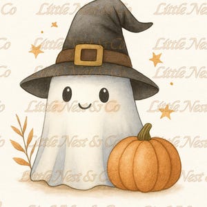 May include: A watercolor illustration of a friendly ghost wearing a witch hat with a brown band and buckle. A small orange pumpkin sits next to the ghost. The words "Little Nest & Co" are in the background.