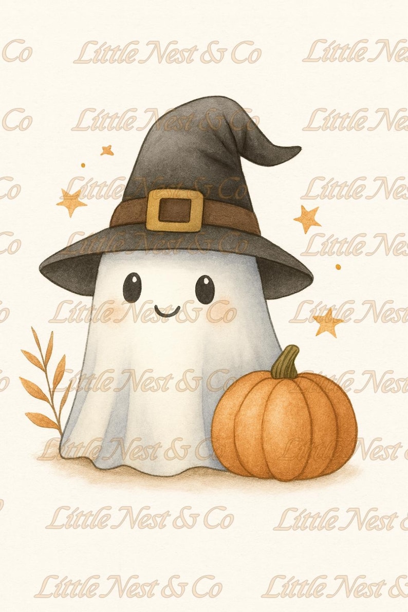May include: A watercolor illustration of a friendly ghost wearing a witch hat with a brown band and buckle. A small orange pumpkin sits next to the ghost. The words "Little Nest & Co" are in the background.