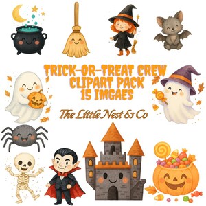 Trick-or-Treat Crew Crew 15 Clipart Pack,Cute Ghost Decorations,Halloween,Digital Download,Spooky Pumpkin Decor,Black Cat,Jack-O-Lantin, Bat