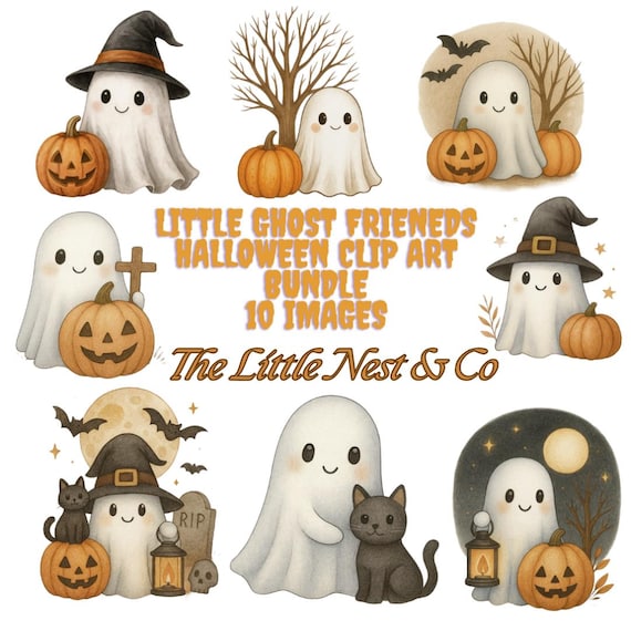10 Cute Ghost Clipart Bundle, Cute Ghost Decorations,Halloween,Digital Download,Spooky Pumpkin Decor,Black Cat,Jack-O-Lantin,Fall Decor,Bat