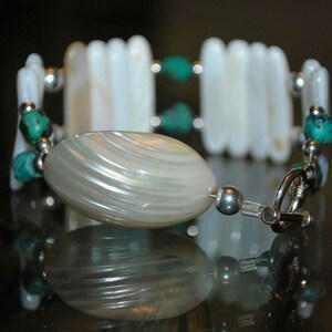 Beaded Bracelet -  Large Shell Turquoise  - Silver Boho Bracelet - Turquoise Bracelet - Handmade Bracelet