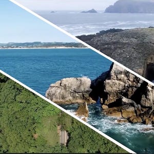 Peut inclure: Une image composite présentant trois vues paysagères distinctes : une canopée forestière verte et dense, un vaste océan bleu avec des formations rocheuses, et une falaise côtière accidentée avec l'entrée d'une grotte sombre.