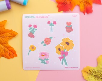 Sticker sheet - 7 cute Spring flowers glossy stickers for bujo, planners | Cute spring stickers | Waterproof Floral sticker sheet