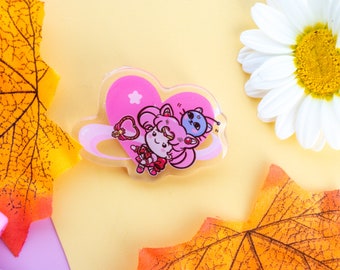 Adorable Pink Chibi Moon Acrylic Pin - Magical Girl Kawaii Bag Decor + Free Matching Sticker!