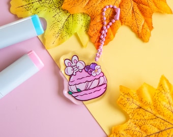 Cute Blueberry Macaron Keychain with Matching Sticker and Purple Ball Chain Loop