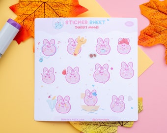 Cute Bunny Sticker Sheet - 11 vinyl matt stickers | Cute bujo stickers | Pink waterproof kawaii sticker packs