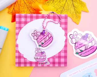 Blueberry Macaron Bunny Gift Set: Kawaii Keychain, Memo Pad & Sticker