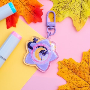 Cute Acrylic Resin Glitter Star Locket Cat Moon keychain | Luna moon charm