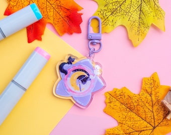 Cute Acrylic Resin Glitter Star Locket Cat Moon keychain | Luna moon charm