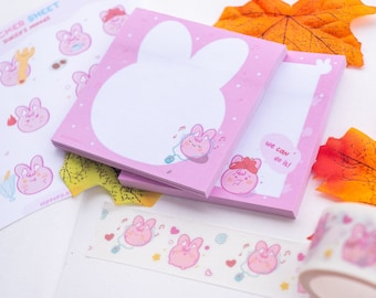 Set of Happy Bunny sticky notes, stickers, washi tape | Kawaii Rabbit stationary set