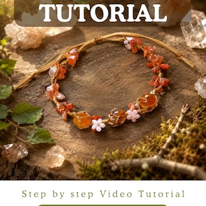 May include: A bracelet featuring orange crystal chips and round amber-colored beads wrapped in tan cord, accented with small white flower charms. The image includes the text FAIRY CRYSTAL BRACELET TUTORIAL, Step by step Video Tutorial, and Instant Digital Access.