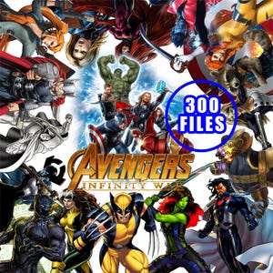 May include: A vibrant collage featuring numerous Marvel comic book characters, including the Avengers, Wolverine, and Black Panther. The title "Avengers: Infinity War" is prominently displayed, with a blue circle indicating "300 FILES".