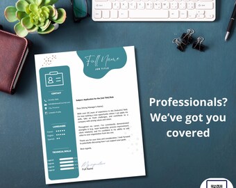 May include: A resume template with teal accents, a keyboard, and office supplies on a teal surface. The resume includes sections for contact information, languages, and technical skills. The text "Professionals? We've got you covered" is also visible.