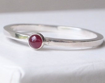 Ruby Ring - Silver Ruby Ring - Stacking Ring - Birthstone Ring - 3mm Cabochon Ring -  July Birthstone - Modern Ruby Jewelry - Red Gemstone
