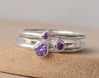 FEBRUARY Birthstone Rings - Silver & Amethyst Purple Solitaire Ring - Stackable Gemstone Personalised Jewellery - Customised Jewellery Gift