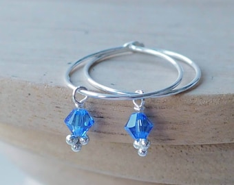 September Birthstone Silver Hoop Earrings , Sterling Silver and Sapphire Crystal, minimalist style earrings. Gifts for teens