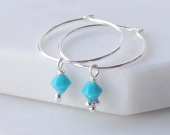 DECEMBER Birthstone Boho Earrings - Turquoise Charm Drop Hoop Earrings - Small Wire Hoop Earrings. Gifts for teens