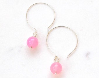 Pink Silver Dangle Hoop Earrings - Sterling Silver and Pastel Pink Dropper Large Hoop Earrings - Minimalist Earrings with Colour