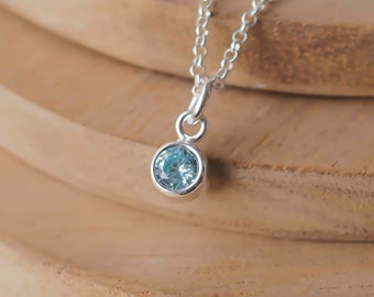 March Birthstone Silver Charm Necklace. Sterling Silver Cubic Zirconia Aquamarine Pendant on Chain. Gift for Her